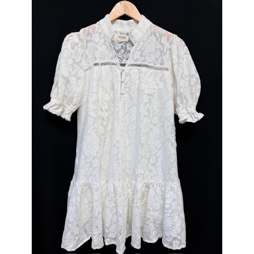 Porridge White Floral Lace Mini Dress XS Tiered Puff Sleeve Cottagecore Bridal